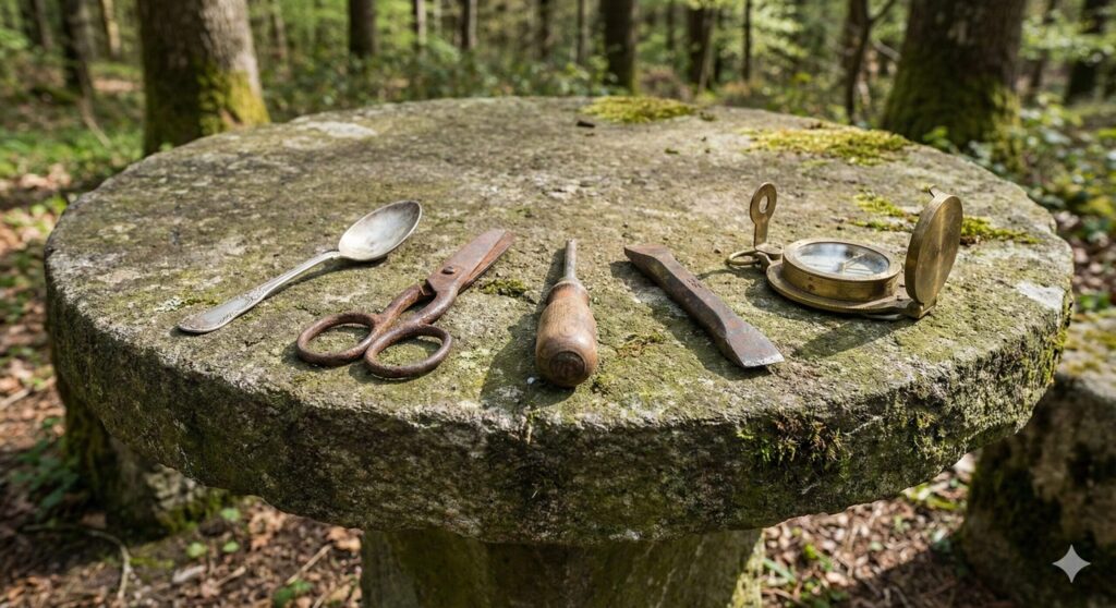 「石のテーブルに、Sから始まる道具を5つ置いて」