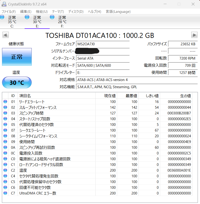 中古P520のHDD健康状態