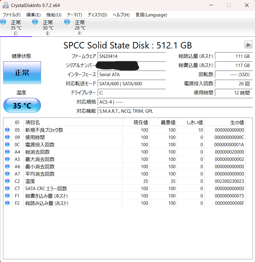 中古P520のSSDの健康状態