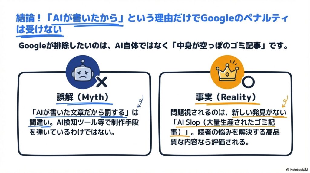 結論！「AIが書いたから」という理由だけでGoogleのペナルティは受けない