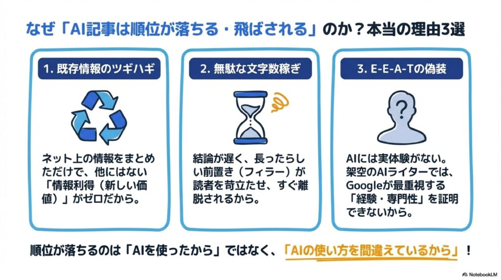 なぜ「AI記事は順位が落ちる・飛ばされる」のか？本当の理由3選