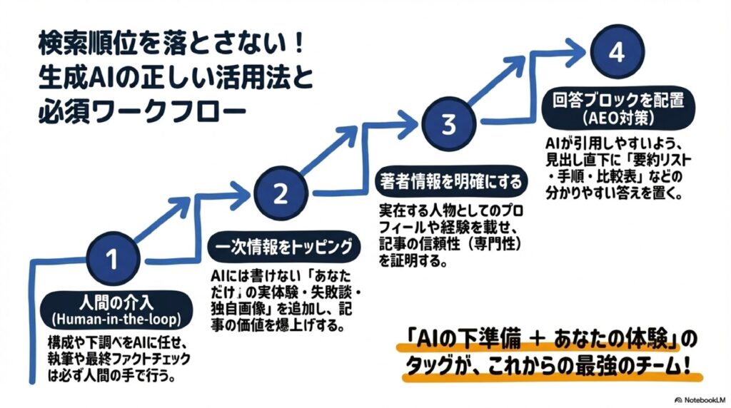 検索順位を落とさない！生成AIの正しい活用法と必須ワークフロー