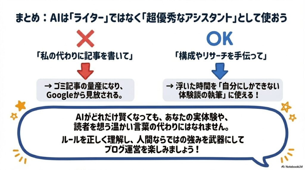 まとめ：AIは「ライター」ではなく「超優秀なアシスタント」として使おう