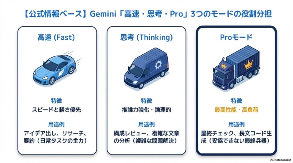 【公式情報ベース】Gemini「高速・思考・Pro」3つのモードの役割分担