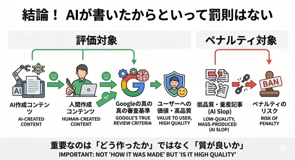 結論!「AIが書いたから」という理由だけでGoogleのペナルティは受けない