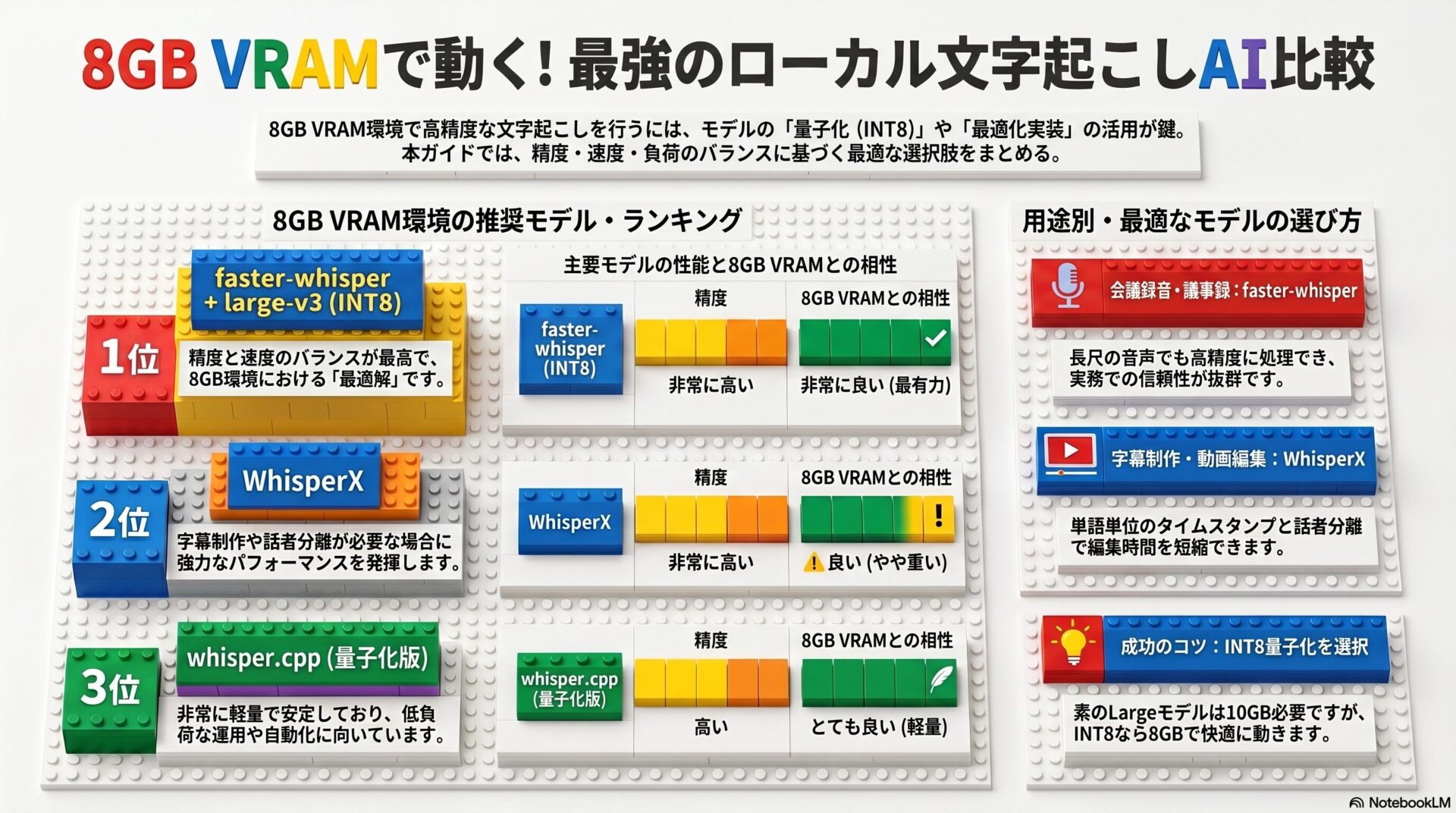 8GB VRAMのグラボで快適に動く最強の文字起こしAIはどれ?おすすめモデルを用途別に比較