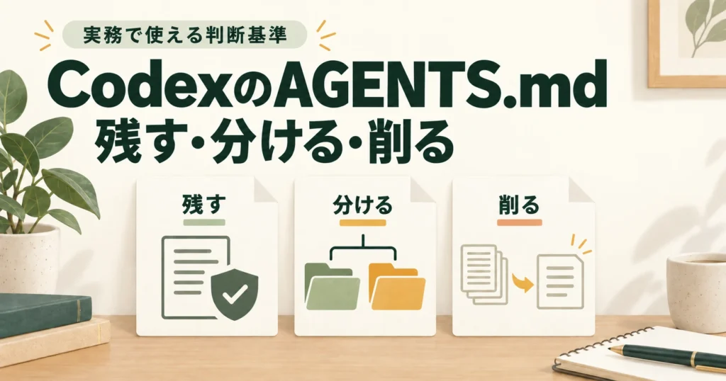 CodexのAGENTS.md。残す・分ける・削る判断基準を、3枚の資料カードで表したアイキャッチ