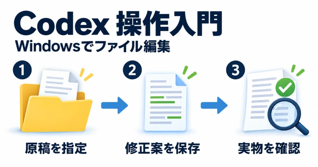 Codexで原稿を指定し、修正案を保存して実物を確認する3段階の流れ